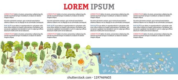 Pollution of the environment. Garbage and waste in forests, in wildlife. Environmental disaster of plastic debris in the ocean.  Vector hand draw collection. Concept of Recycles Day and ecology