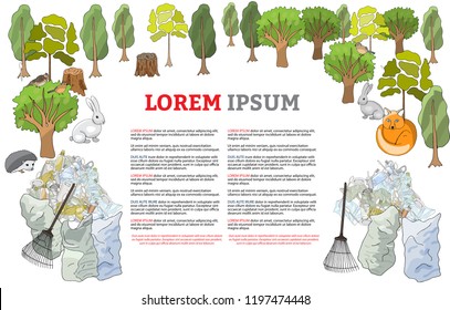 Pollution of the environment. Garbage and waste in forests, in wildlife. Different types of garbage. Vector hand draw collection. Concept of Recycles Day, World Cleanup Day and ecology