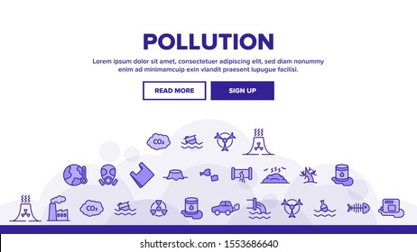 Pollution of Environment Landing Web Page Header Banner Template Vector. Air, Water, Soil Pollution Problems. Chemical Contamination, Gas Emissions, Deforestation, Global Warming Illustration