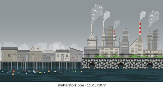 Pollution environment plant pipe dirty waste air and water polluted environment ,slum on the riverbank with garbage, social and pollution environment problem concept ,vector illustration.