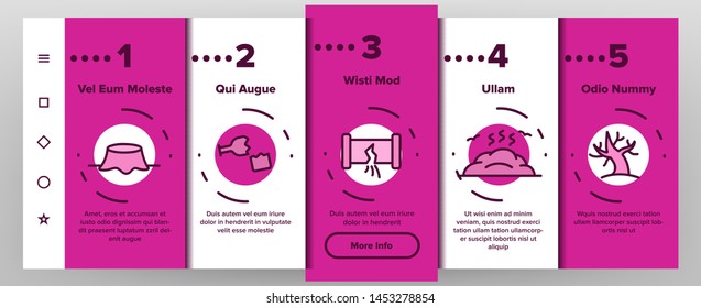 Pollution of Environment Vector Onboarding Mobile App Page Screen. Air, Water, Soil Pollution Problems Pictograms. Chemical Contamination, Gas Emissions, Deforestation, Global Warming Illustrations