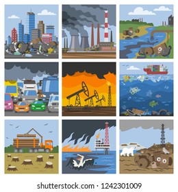 Pollution environment vector polluted air smog or toxic smoke of industrial city illustration cityscape set of environmental damage of factory and transportation exhaust or pollutant garbage