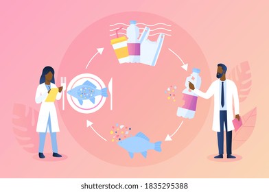 Pollution of the environment and the world s oceans with plastic waste concept. Animals and fish eat plastic particles and get on the table to the person. Flat cartoon vector illustration