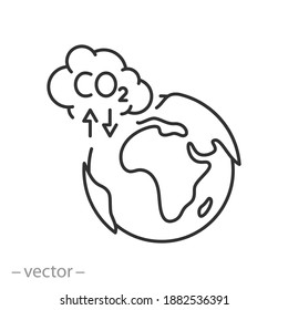 pollution environmental co2 icon, cloud toxic smoke with earth planet, global warming concept, recycle carbon in the atmosphere, thin line symbol on white background - editable stroke vector