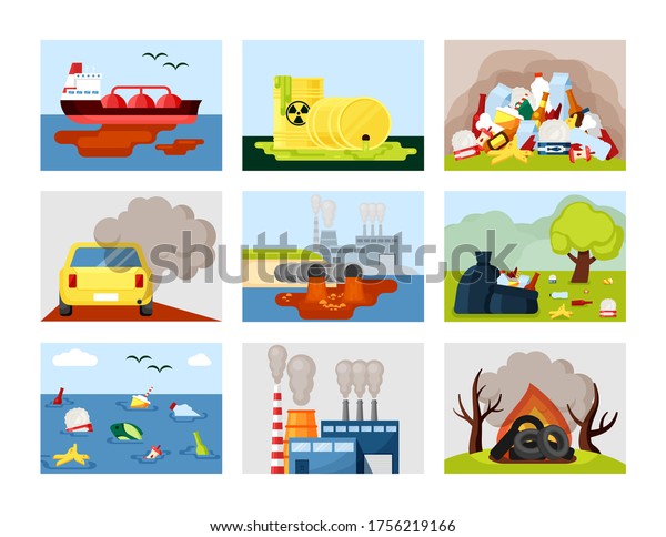 Pollution environmental set. Car exhaust toxic landfill
plastic ocean waste industrial wastewater radioactive toxic waste
spilled oil factory combustion burning plastic trash tires. Vector
cartoon .