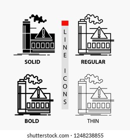 pollution, Factory, Air, Alert, industry Icon in Thin, Regular, Bold Line and Glyph Style. Vector illustration
