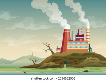 Pollution factory with pipes smoke comes out. Trash emission to river water. Landscape with ecological disaster. Nature ecology elements and ecology problem concept in flat style