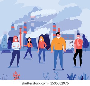 Pollution flat background with group of people wearing face masks near factory polluting air vector illustration