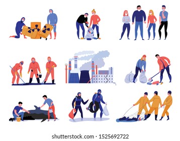 Pollution flat icons set with people cleaning polluted areas isolated on white background vector illustration