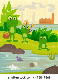 Pollution - Frogs on a picnic day, looking at a dirty river, with a view of a factory behind them. Eps10