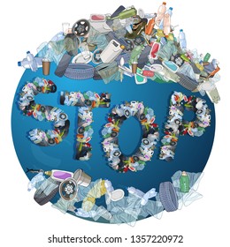 The pollution, garbage, plastic, bags on the planet. The concept of ecology and the World Cleanup Day. Vector hand drawn illustration isolated on white background.