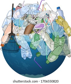 Die Verschmutzung, Müll, Plastik, Taschen auf dem Planeten einzeln auf weißem Hintergrund. Das Konzept der Ökologie und der Welt-Aufräumtag. Illustration von Kunststoffhalblast-Strohhalmen