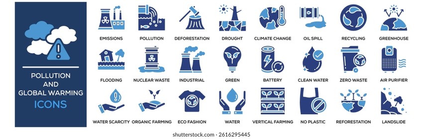 pollution and global warming  icon collection set. Containing design Factory Emissions, Air Pollution, Water Pollution, Deforestation, Drought