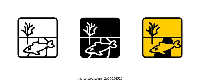 Pollution hazard sign icon. Dead fish floating in contaminated water indicating environmental hazard vector illustration. Symbol of ecological disaster and toxic contamination sign.