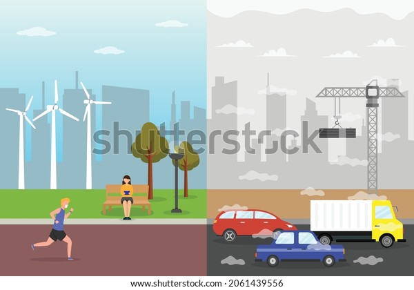 Pollution and health place vector concept:\
Differences between pollution place and health place with\
transportation and people enjoying in the\
park