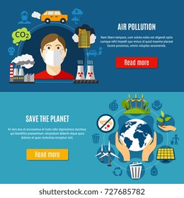 Pollution horizontal banners set with air pollution symbols flat isolated vector illustration 