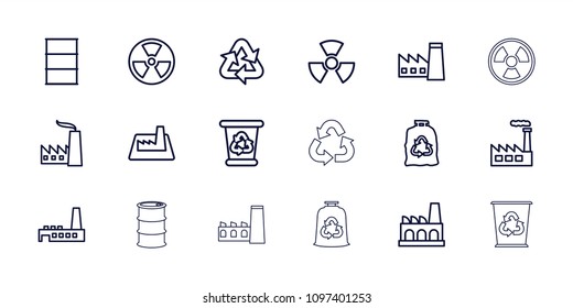 Pollution icon. collection of 18 pollution outline icons such as factory, recycle bin, trash bag, barrel, radiation. editable pollution icons for web and mobile.