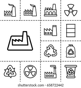 Pollution icon. set of 13 outline pollutionicons such as factory, recycle bin, recycle, trash bag, barrel