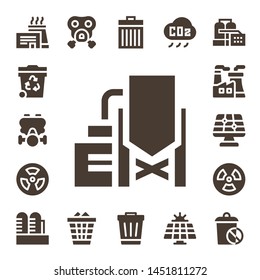 Pollution Icon Set. 17 Filled Pollution Icons.  Collection Of - Factory, Trash, Gas Mask, Reservoir, Radiation, Nuclear Plant, Solar Panel, Waste, CO Cloud