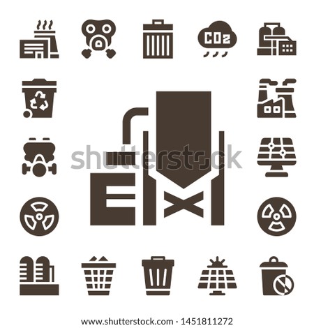 pollution icon set. 17 filled pollution icons.  Collection Of - Factory, Trash, Gas mask, Reservoir, Radiation, Nuclear plant, Solar panel, Waste, CO cloud
