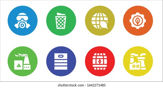 pollution icon set. 8 filled pollution icons. Included Gas mask, Factory, Trash can, Barrel, Ecology, Green energy, Nuclear plant icons