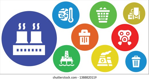 pollution icon set. 9 filled pollution icons.  Simple modern icons about  - Factory, Global warming, Waste, Oil pump, Nuclear, Trash, Gas mask, Reservoir