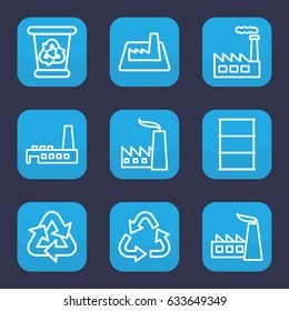 Pollution icon. set of 9 outline pollution icons such as recycle bin, recycle, factory