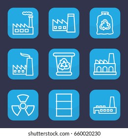 Pollution icon. set of 9 outline pollution icons such as factory, recycle bin, trash bag, barrel