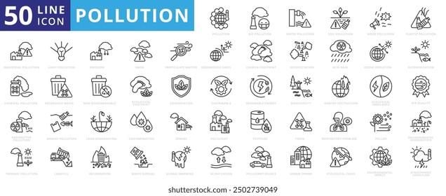 Pollution icon set with air, water, soil, noise, plastic, industrial, chemical, radioactive, thermal and light.