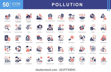 Pollution icon set with air, water, soil, noise, plastic, industrial, chemical, radioactive, thermal, light, Biodegradable and Non Biodegradable.