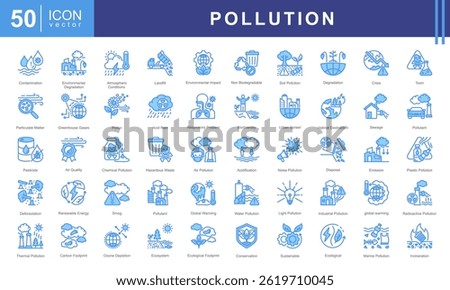 Pollution icon set with air, water, soil, noise, plastic, industrial, chemical, radioactive, thermal, light, Biodegradable and Non Biodegradable.