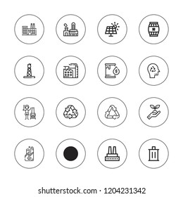 Pollution icon set. collection of 16 outline pollution icons with barrel, chimney, factory, ecologism, fuel, oil pump, recycle bin, recycle, recycling, trash icons.