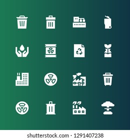 pollution icon set. Collection of 16 filled pollution icons included Nuclear, Factory, Trash, Radiation, Pollution, Reuse, Recycle, Radioactive, Ecology, Garbage