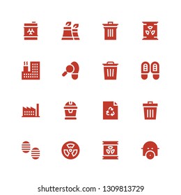 pollution icon set. Collection of 16 filled pollution icons included Gas mask, Radioactive, Radiation, Footprint, Trash, Recycle, Garbage, Factory, Footprints, Nuclear, Bin, Waste