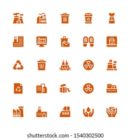 pollution icon set. Collection of 25 filled pollution icons included Ecology, Factory, Radiation, Exhaust pipe, Recycle, Nuclear, Trash, Recycling, Waste, Footprints, Recycle bin