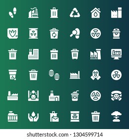pollution icon set. Collection of 36 filled pollution icons included Nuclear, Trash, Radioactive, Recycle bin, Ecology, Radiator, Gas mask, Radiation, Straw, Factory, Drought