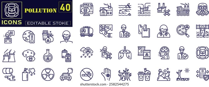 pollution icon set. Containing CO2, mask, air filter, air purifier, car exhaust, indoor air quality, smog and more. 