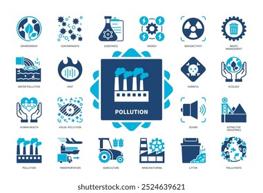 Conjunto de ícones de poluição. Contaminantes, Substância, Poluição Visual, Ecologia, Radioatividade, Meio Ambiente, Lixo, Transporte. Ícones sólidos de cor duotônica