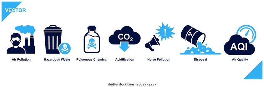 Pollution icon set. Environmental pollution and hazardous waste solid icons. Vector sign for air pollution, poisonous chemicals, CO2 acidification, noise pollution, toxic disposal, and AQI etc.