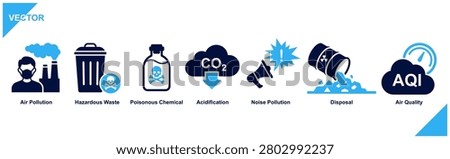 Pollution icon set. Environmental pollution and hazardous waste solid icons. Vector sign for air pollution, poisonous chemicals, CO2 acidification, noise pollution, toxic disposal, and AQI etc.
