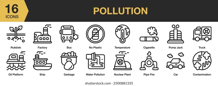 Pollution icon set. Includes factory, oil platform, nuclear plant, contamination, rubbish, and More. Outline icons vector collection.