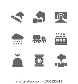Pollution icon set including cigarette, exhaust, waste, river, acid rain, oil truck, industry, plastic, nuclear, gas leak