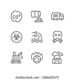 Pollution icon set including co2, carbon, oil rig, trash, contamination, water, gas, mask, smoke, global warming