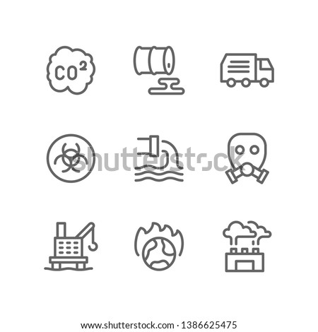 Pollution icon set including co2, carbon, oil rig, trash, contamination, water, gas, mask, smoke, global warming