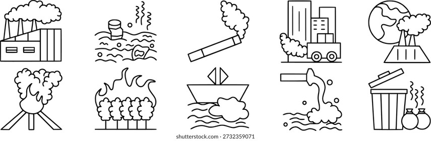 Pollution icon set. Industry, water, waste, disposal, and deforestation in urban and natural environment through outline style symbol. Vector illustration.