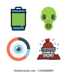 pollution icon set. vector set about garbage bin, visibility, gas mask and chimney icons set.