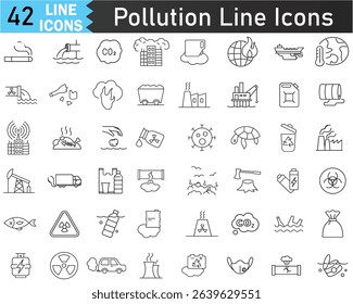 Pollution icon set, Vector illustration of thin line icons for Pollution Contains such Icons as earth, factory, air, smoke, waste, garbage, traffic and other