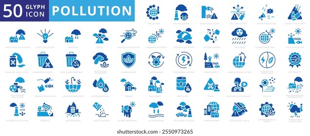 Conjunto de iconos de contaminación agua, luz, plástico, aire, marino, suelo, contaminación, polen, químico, smog, industrial, sostenible, calentamiento global, biodiversidad, radioactivo, deforestación, conservación, aguas residuales