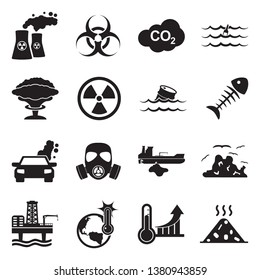 Pollution Icons.   Black Flat Design. Vector Illustration.