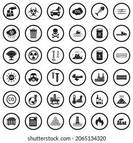 Iconos de contaminación. Diseño Plano Negro En Círculo. Ilustración vectorial.